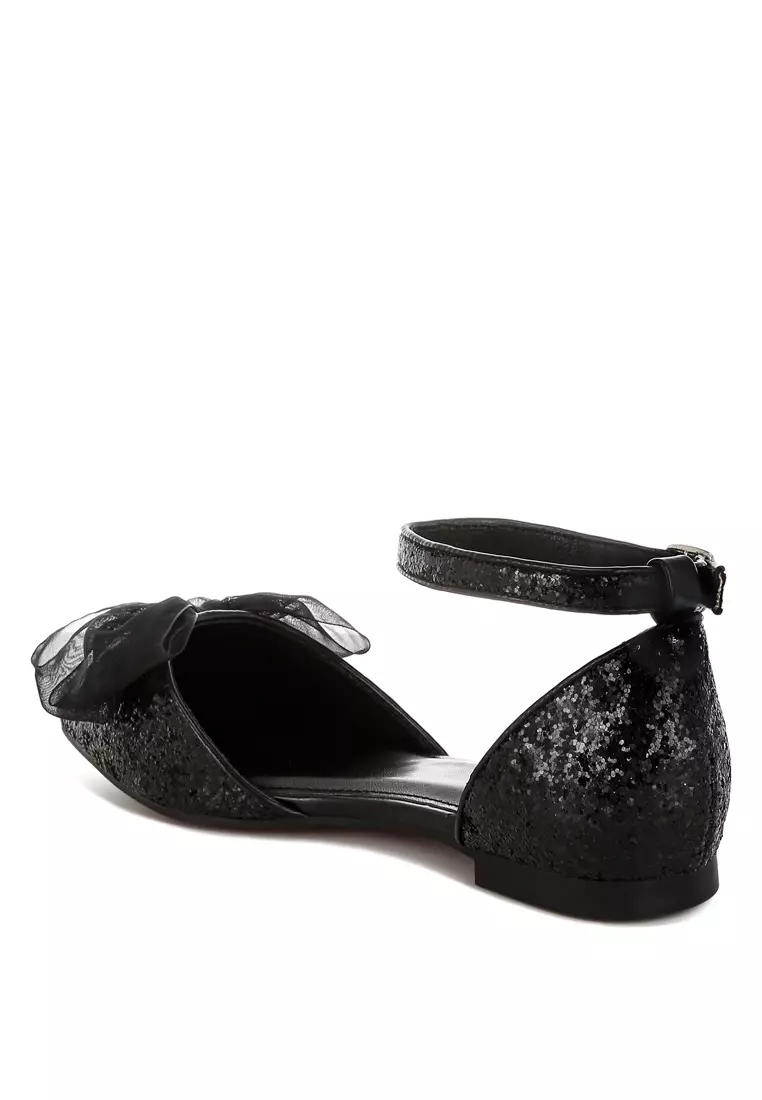 Sheer Bow Detail Glitter Flat Sandals in Black