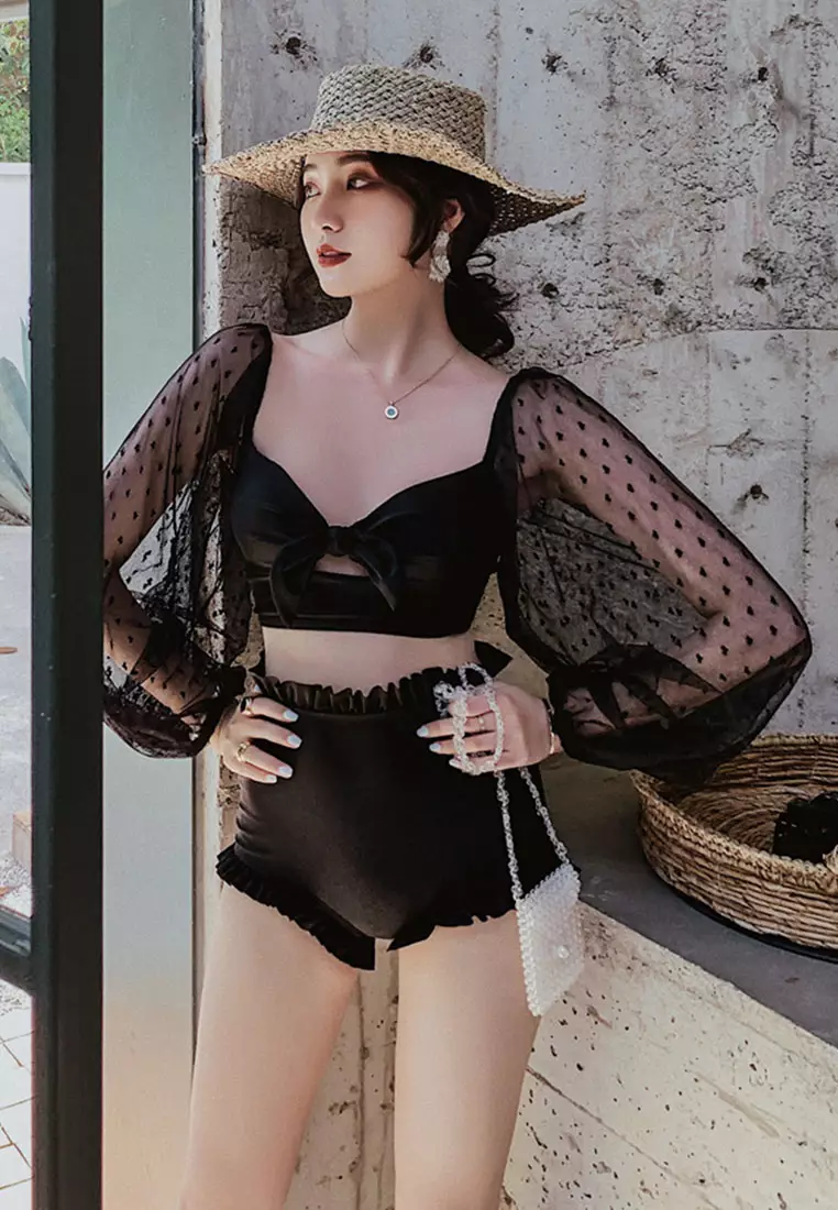 Lace Up Split Triangle Long Sleeve Two Piece Swimsuit CA071703BK