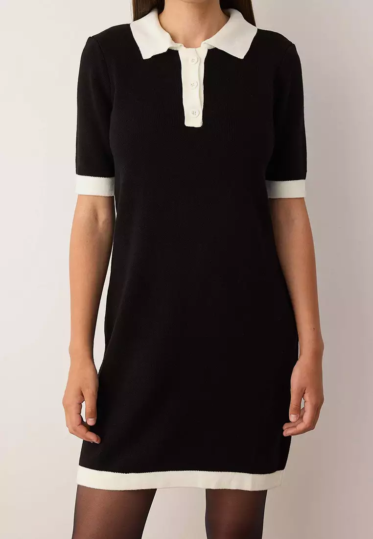 Black Color Block Short / Mini Polo Neck Knit Dress Twoaw26El00105