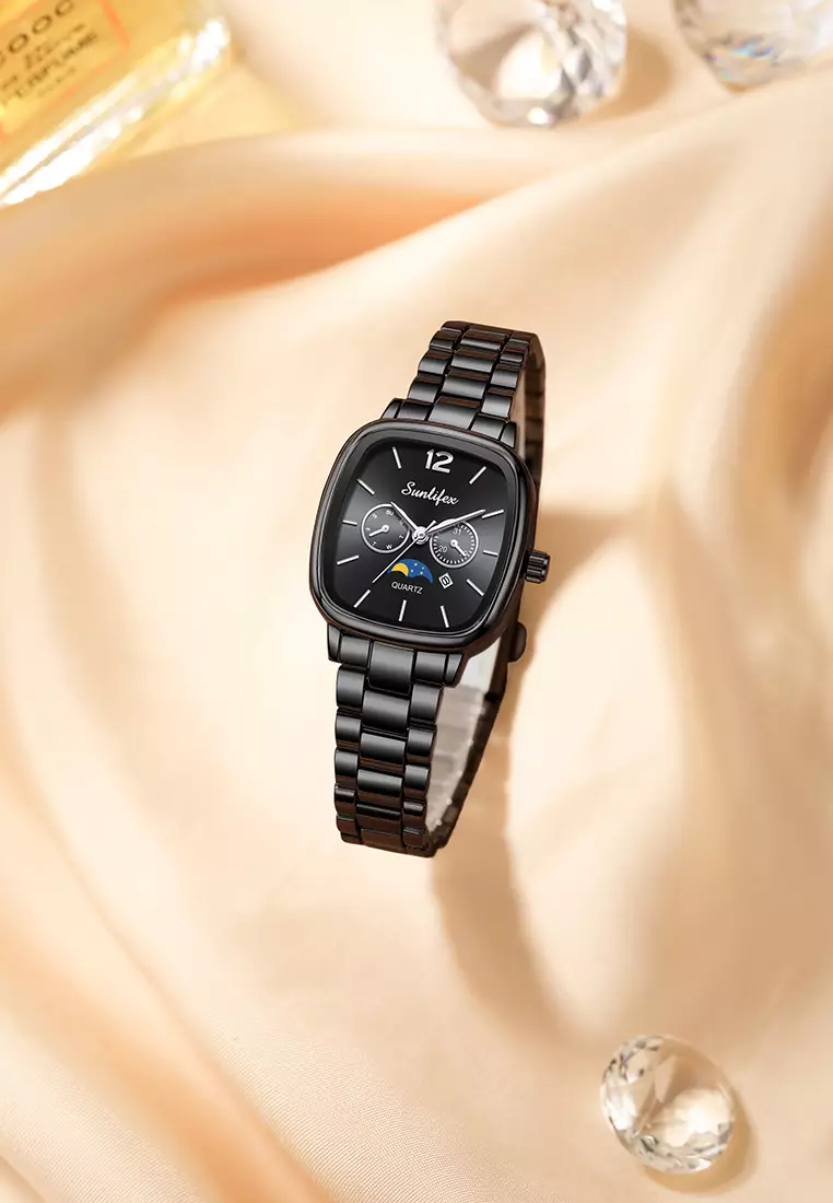 Jam Tangan Wanita Original Kalender Kasual Korean Style Tali Paduan Jam Tangan Cewek B006 allblack