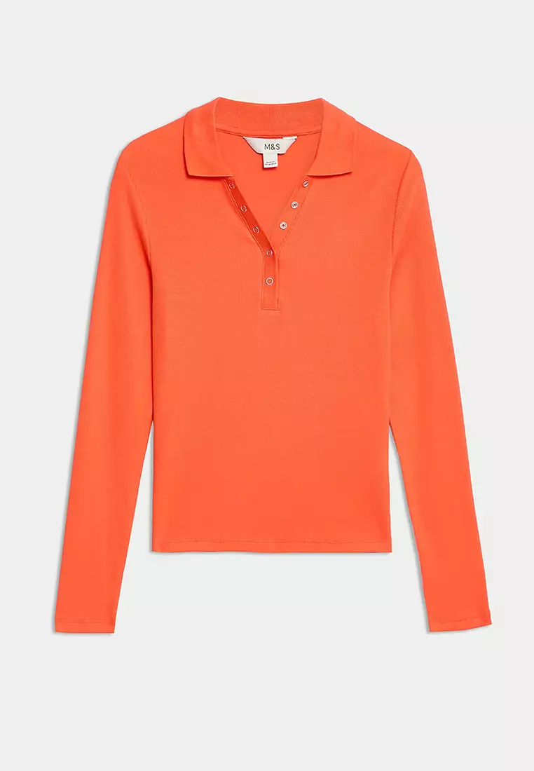 Cotton Rich Ribbed Collared Polo Top