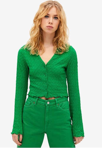 Monki green Textured Cropped Blouse E4B81AA1F7A940GS_1