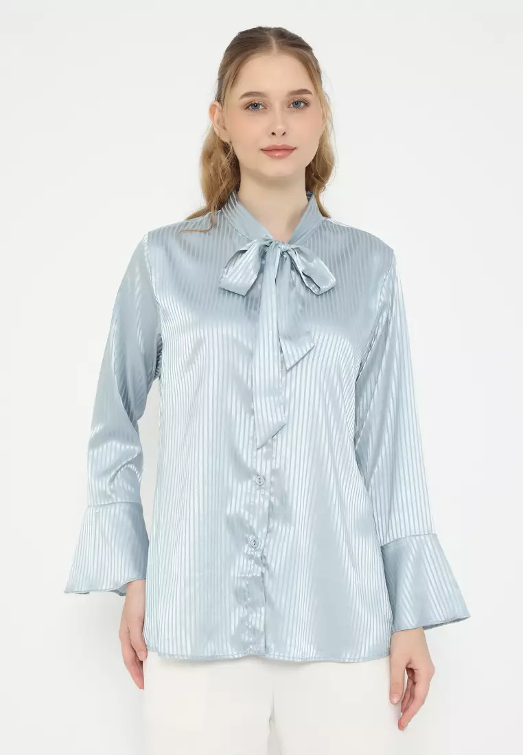 Shimmer Blouse With Stripe Pattern In Soft Blue By Brilliant Girl Warna Biru Muda