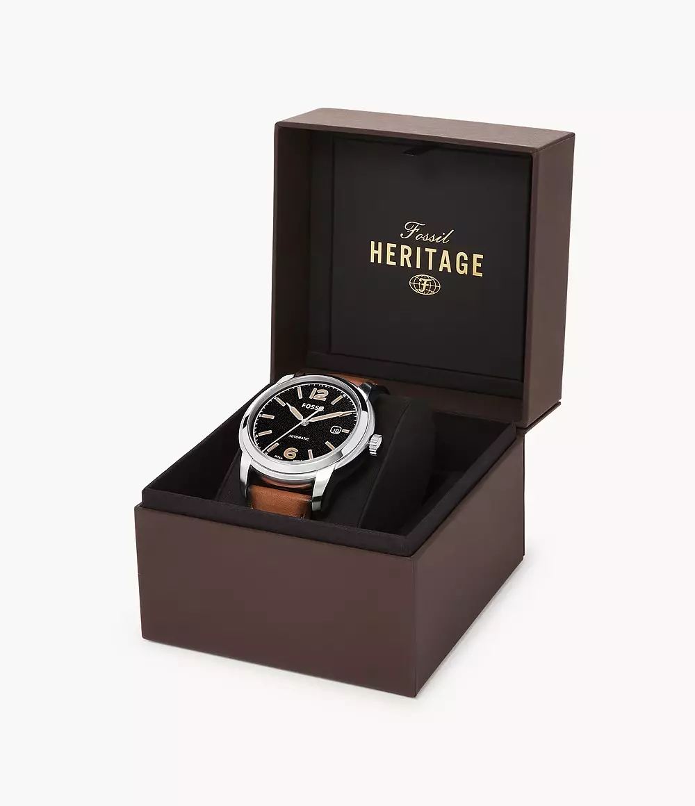 Jual Fossil Fossil Heritage Black Round Brown Strap Jam Pria 43MM