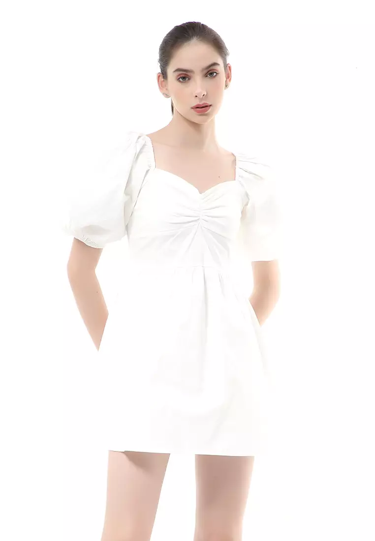 Rachel Dress Wanita Ballerina Pluffy Baloon Sleeve Simple Elegant Material Cotton ORIGINAL - Broken White