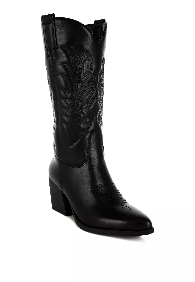 Faux Leather Long Cowboy Boots in Black