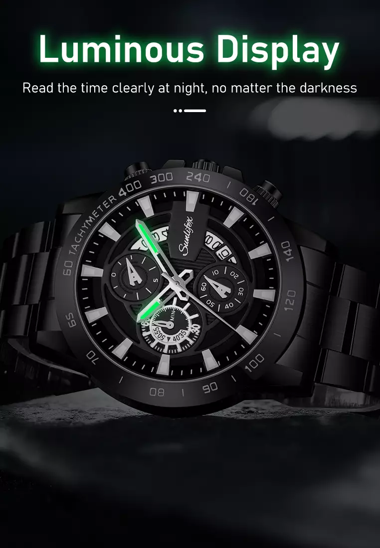 Jam Tangan Pria Quartz Kalender Bercahaya Olahraga Tali Stainless Steel Jam Tangan Cowok SL3321 allblack