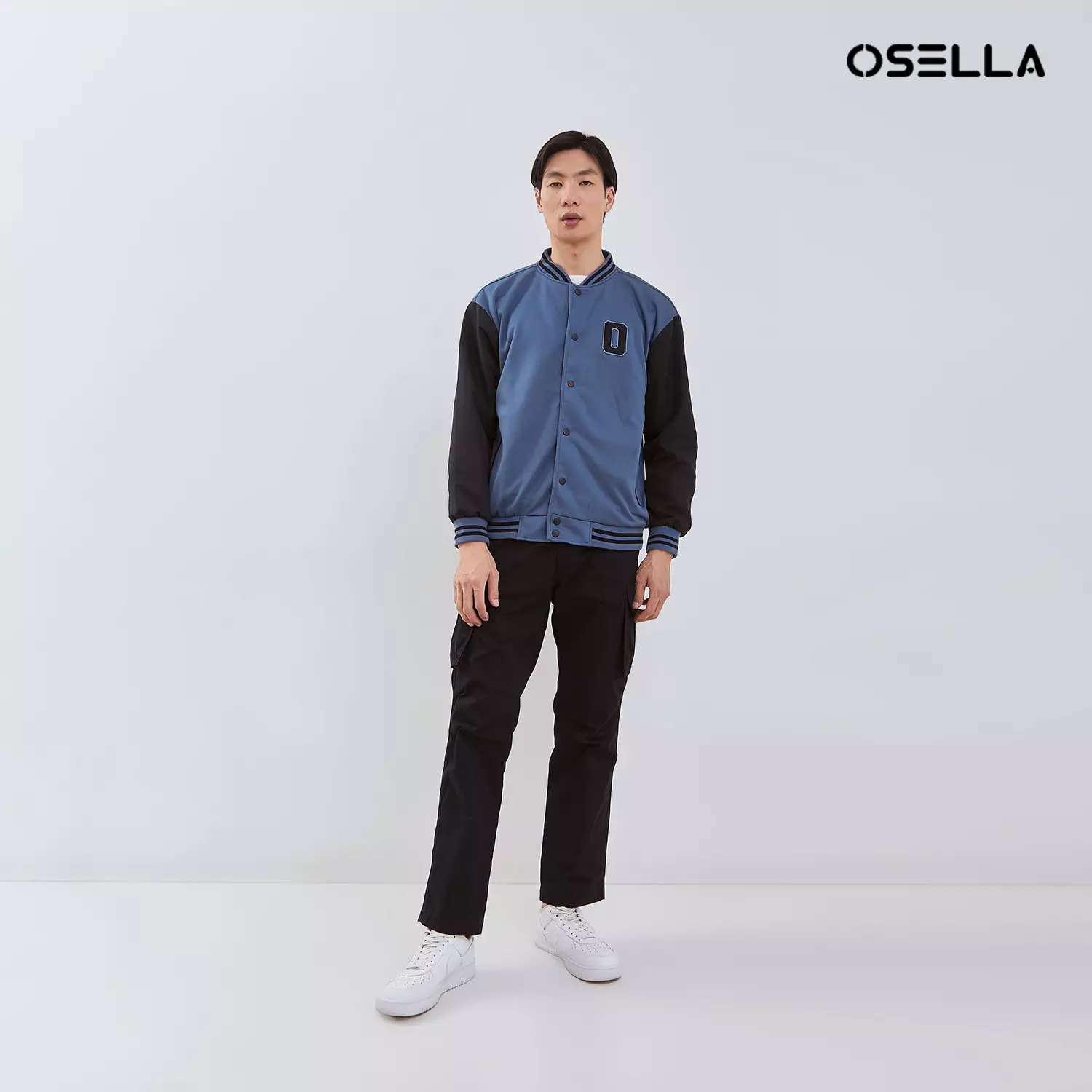 [NEW] Osella Jin Varsity Jacket In Smoke Blue And Black Combination 1061400760 | Jaket Lengan Panjang Pria