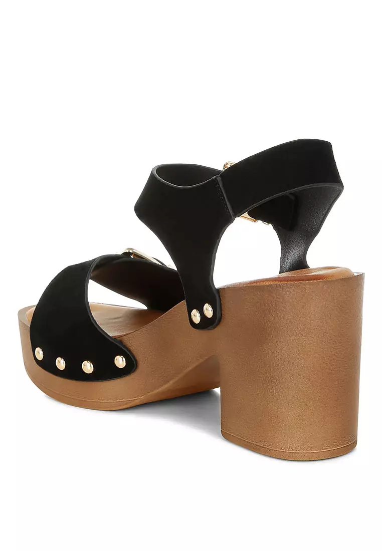 Real Suede Leather Clog Sandals In Black