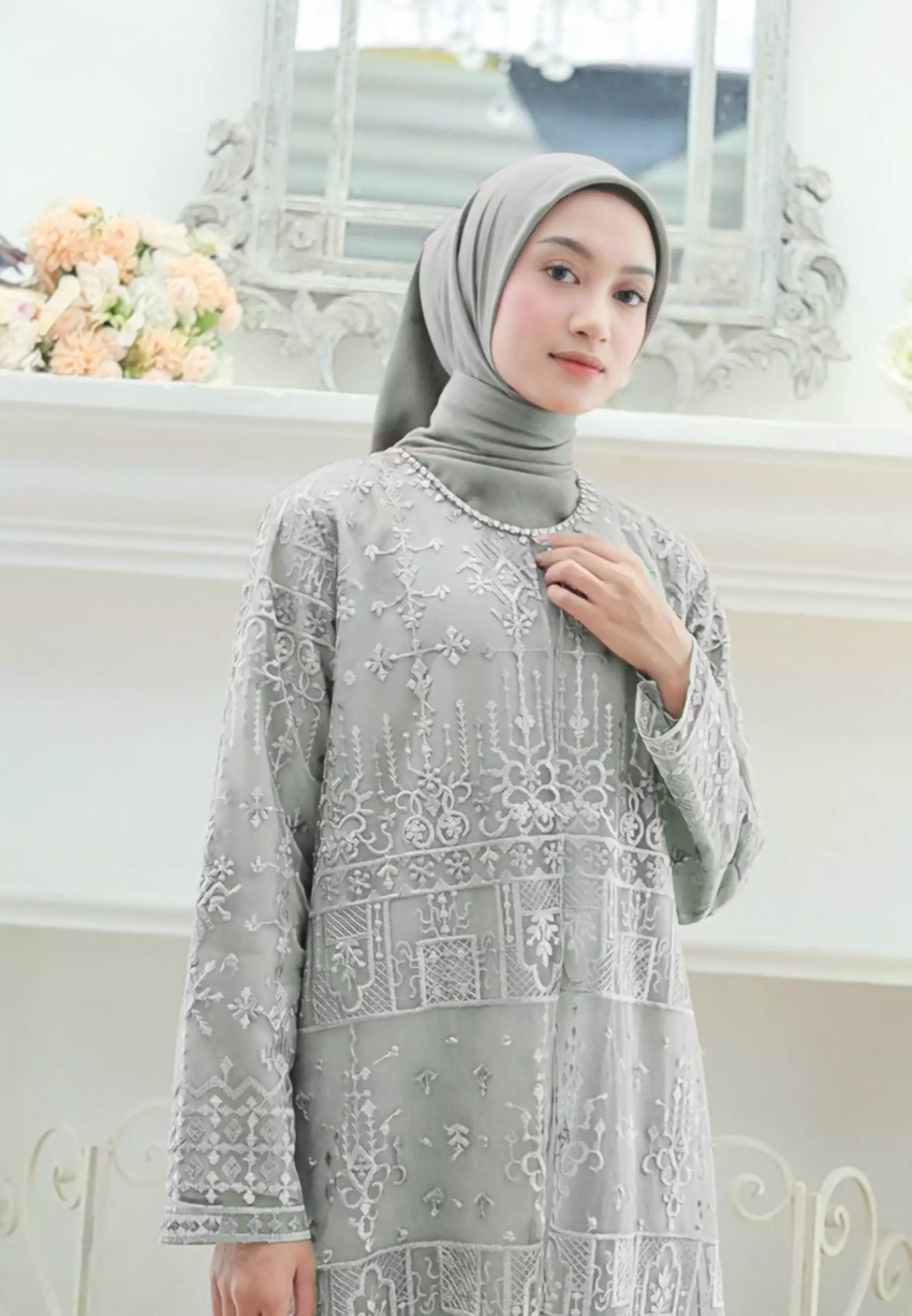 Mosleem Long Dress Broakat With Pearl Detail in Sage Green By Brilliant Girl Warna Sage