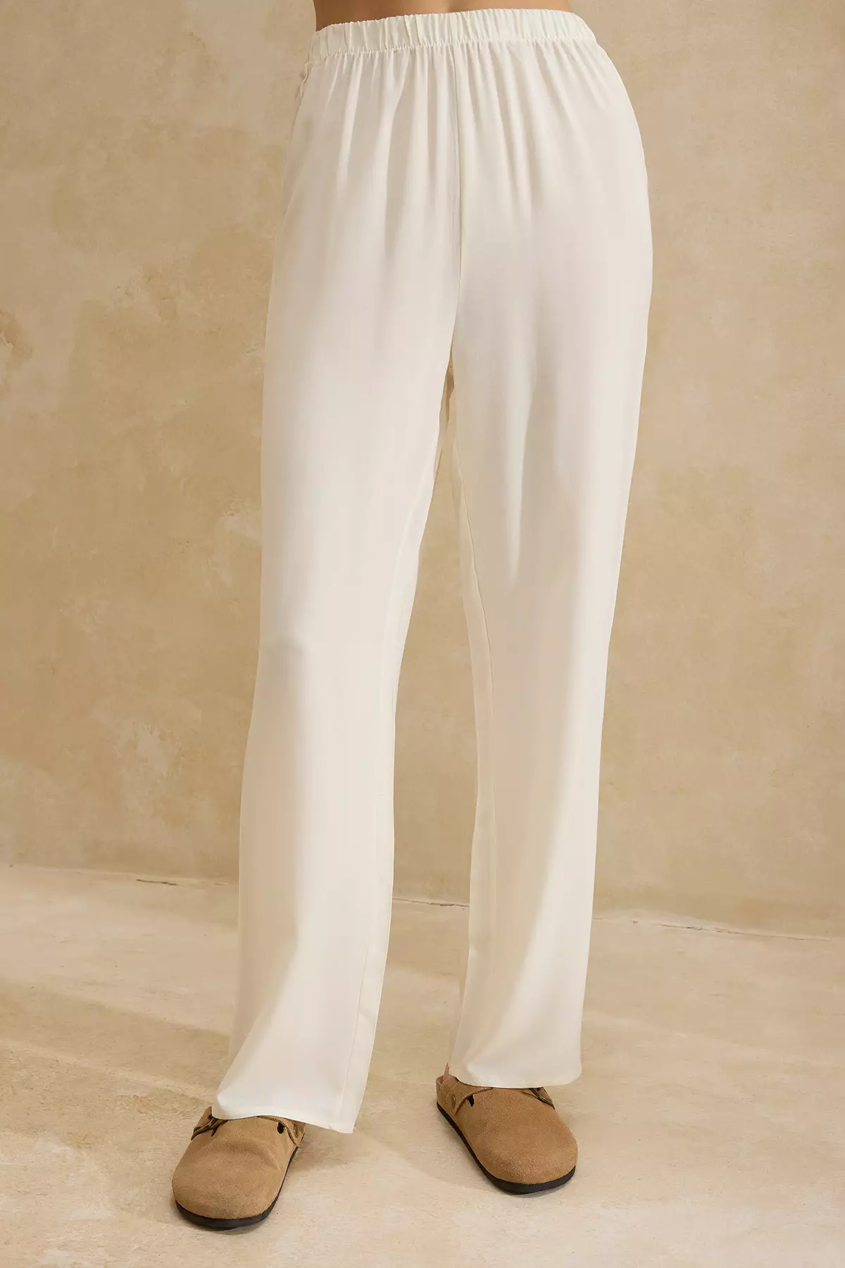 Ecru Double-Breasted Collar Tie Detail Viscose Woven Pajama Set Thmss26Pt29