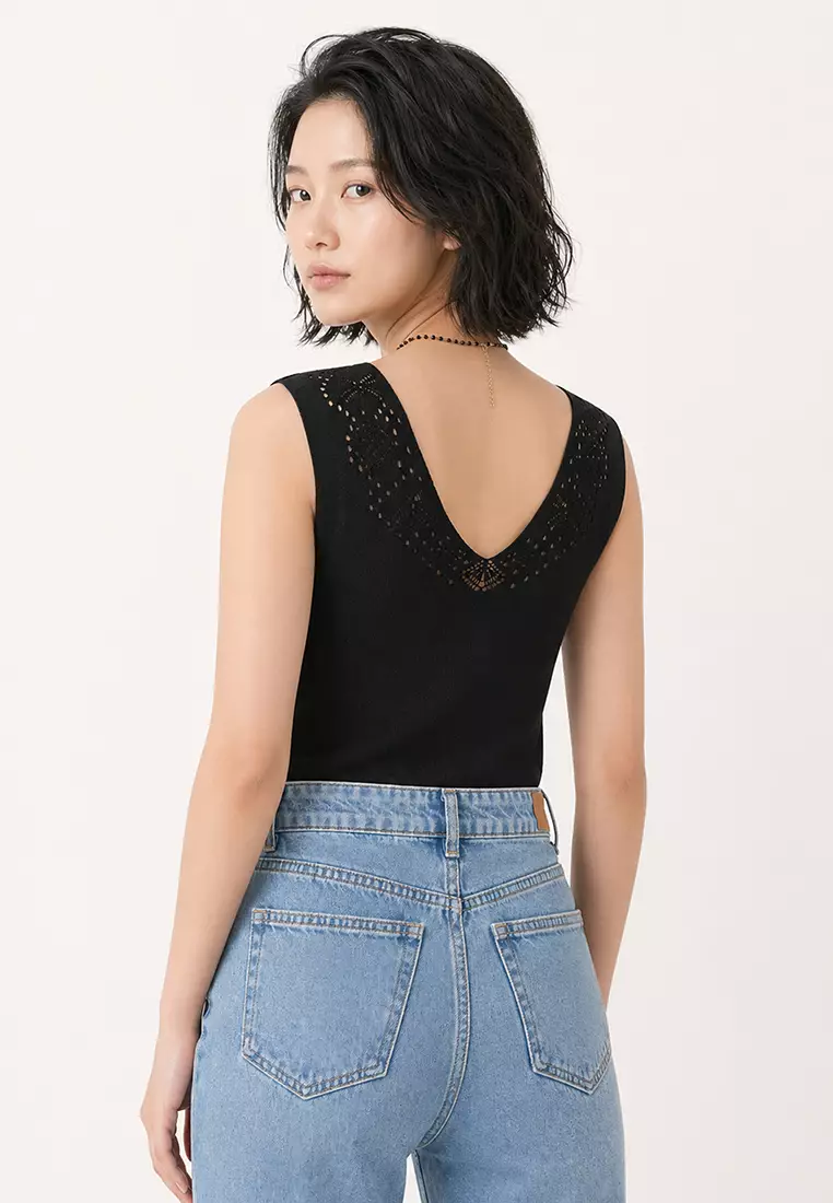 Women's Black Front Back V-Neck Openwork Summer Knitwear Blouse