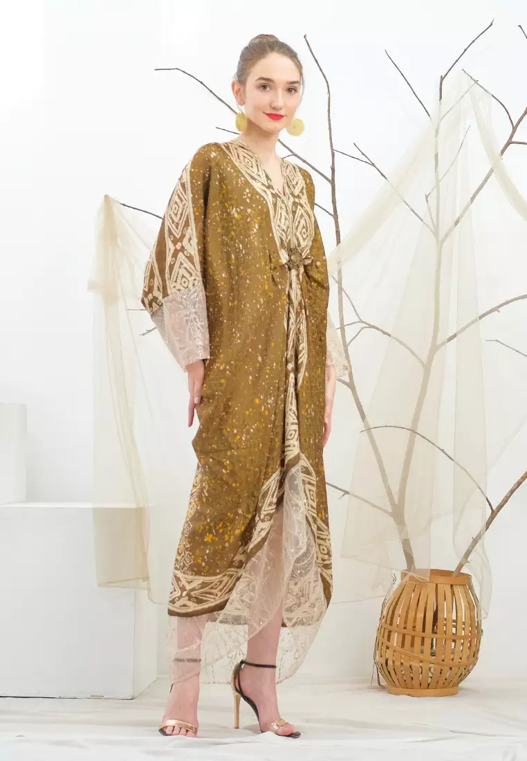 Rinjanie Batik - Kaftan Kaca Series - Kaftan Batik - Batik Kekinian - Kartan Raya Mix Organza - Batik Cap Mix - KORZ - OLIVE GREEN