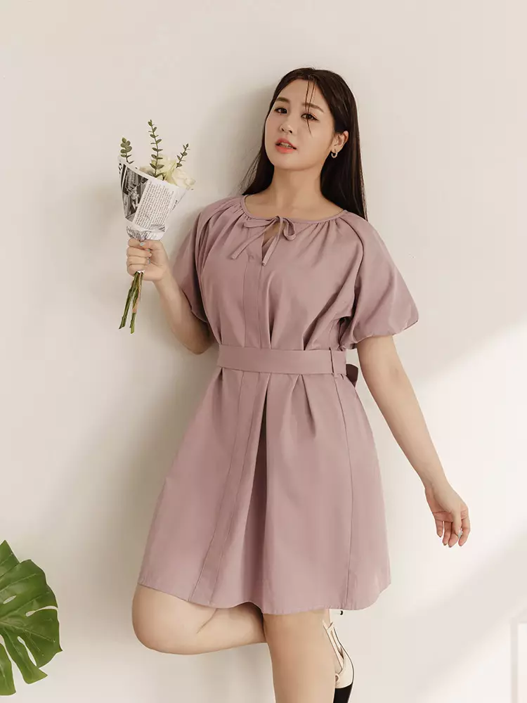 Waist cinching belt Bubble Sleeve Short Dress [DA10129]
