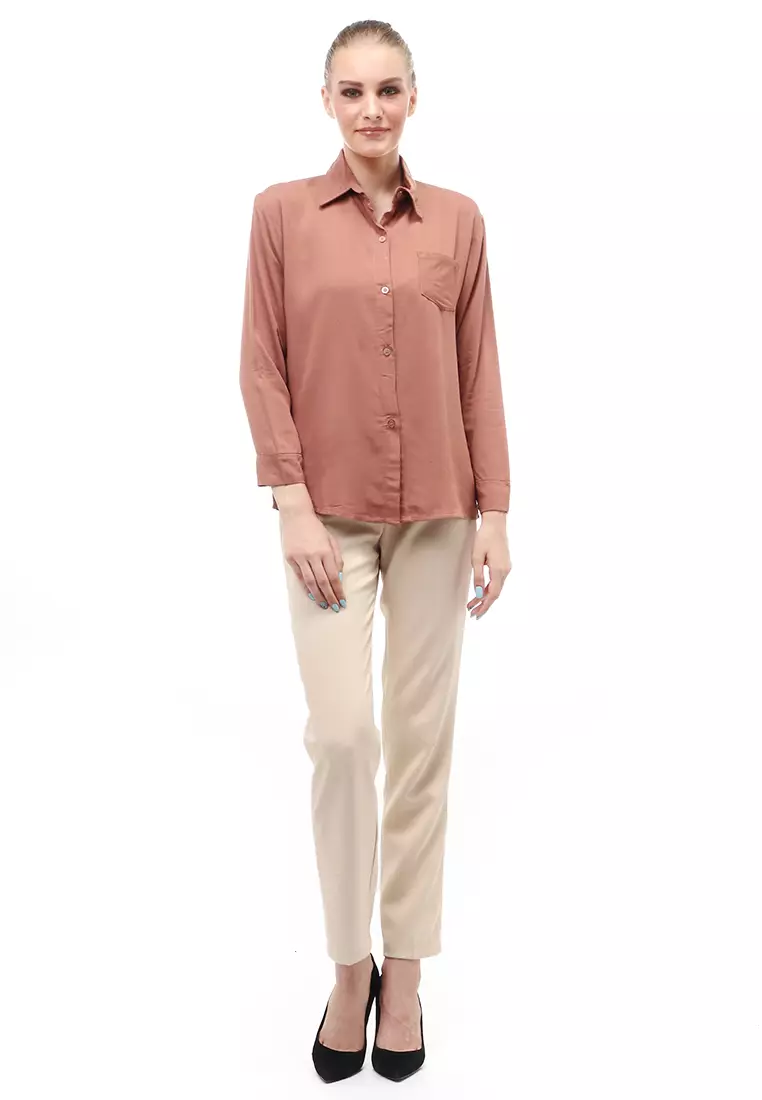 Arcade Atasan Wanita Long Sleeves Kemeja Polos Relaxed Fit - Mocca