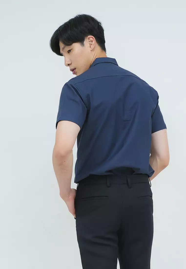 Kemeja lengan pendek pria formal slim fit navy houseofcuff