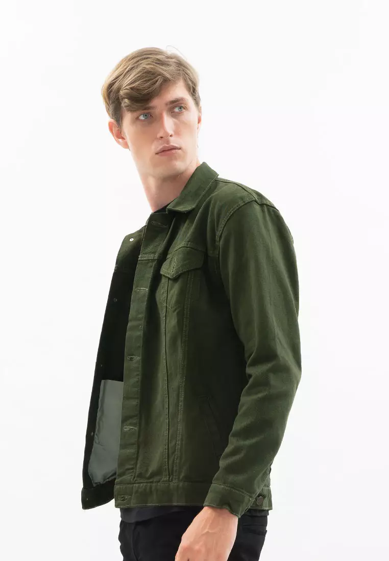 Houseofcuff Jaket Jeans Pria Polos Tebal Dilan Jaket Denim hijau tua