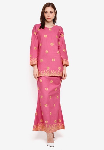 Cotton Modern Kurung With Songket Print (Tabur) from Kasih in Pink and Yellow