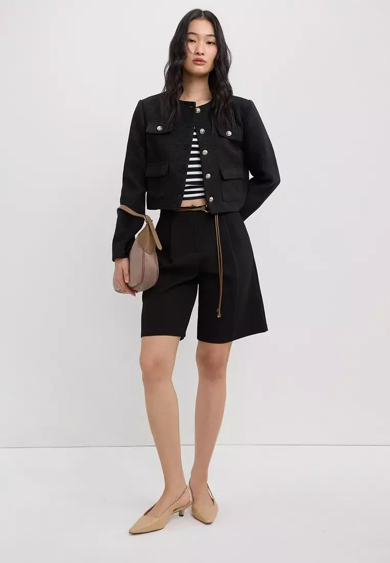 Round Neck Long Sleeve Tweed Jacket - Black