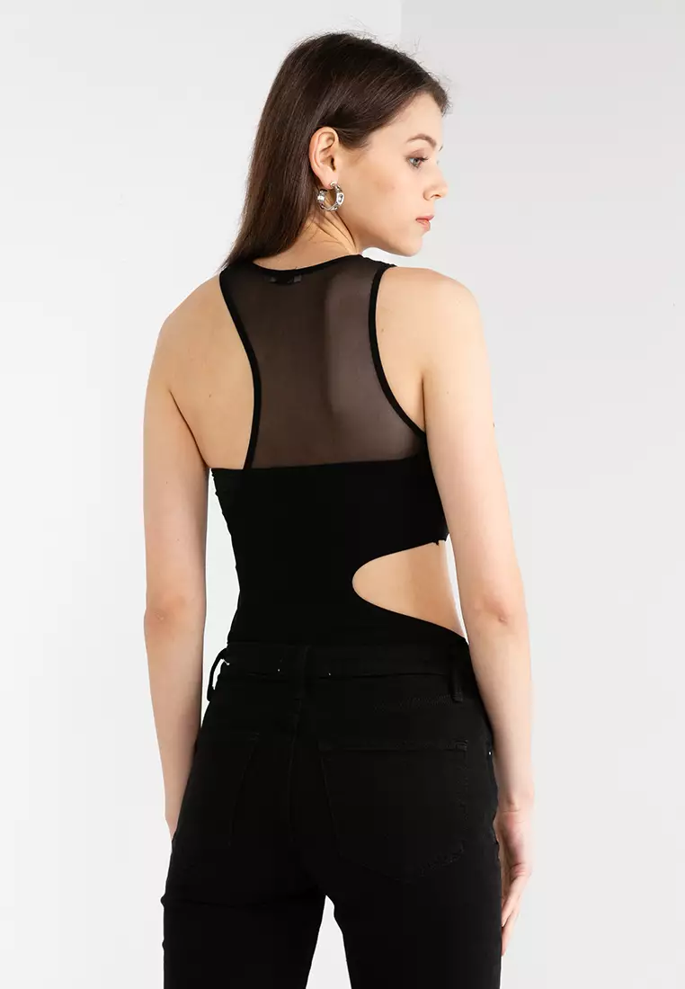 Bershka Sleeveless Bodysuit With Cut-Out And Tulle Detail