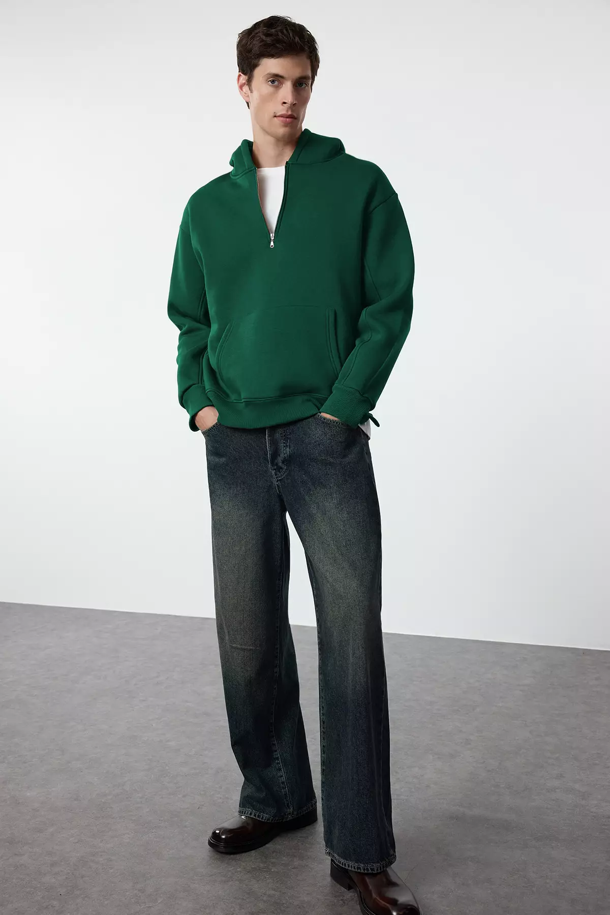 Emerald Green Oversize/Loose Cut Zipper Hooded Basic Sweatshirt With Fleece Inside Tmnaw25Sw00050