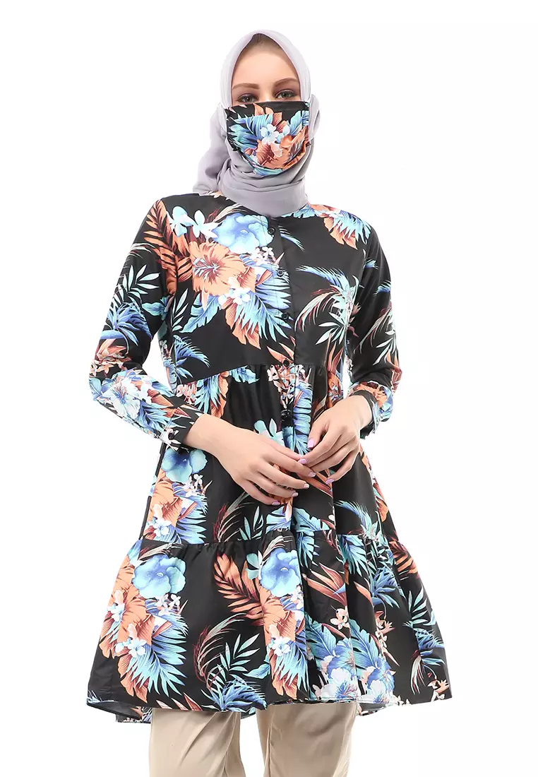 Sania Tunik Muslimah Atasan Wanita Long Sleeve Free Face Mask Premium Quality - 11 Hitam