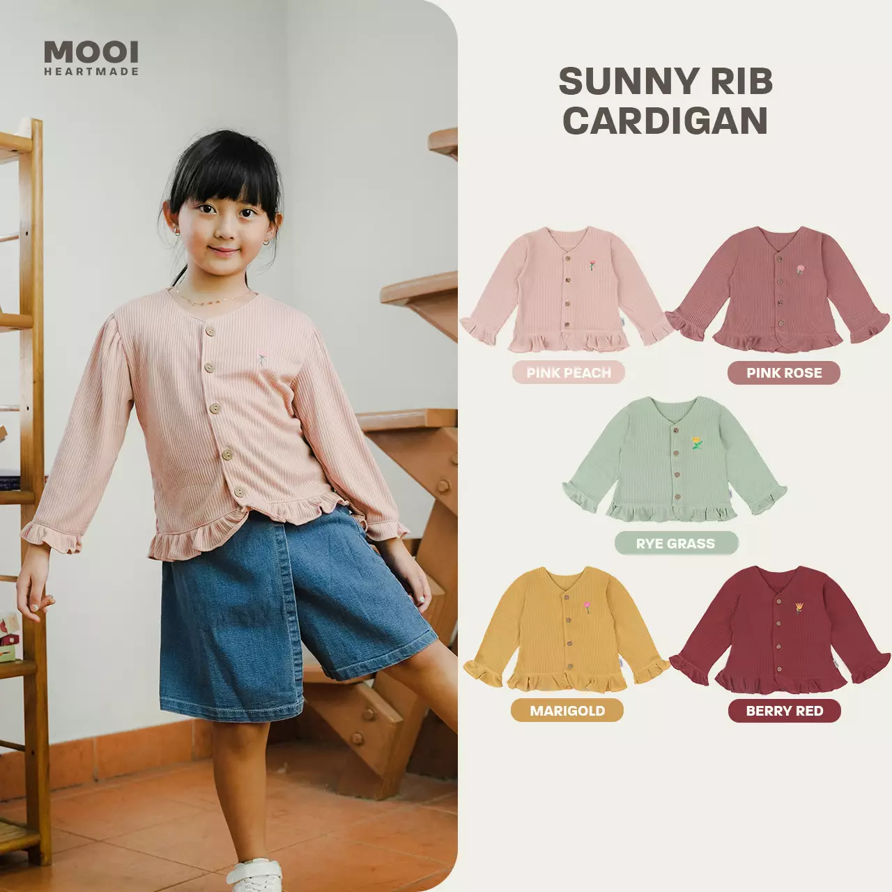 Mooi Cardigan Anak Sunny Rib Cardigan - Berry Red