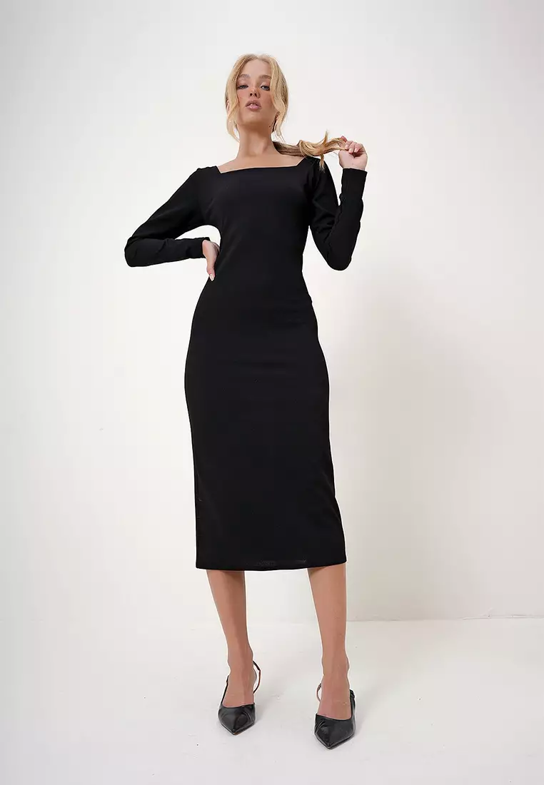 Women's Black Square Neck Midi Length Zippered Crepe Knit Dress Alc-X12785