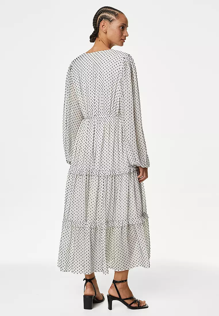 Polka Dot Tie Neck Maxi Tiered Dress