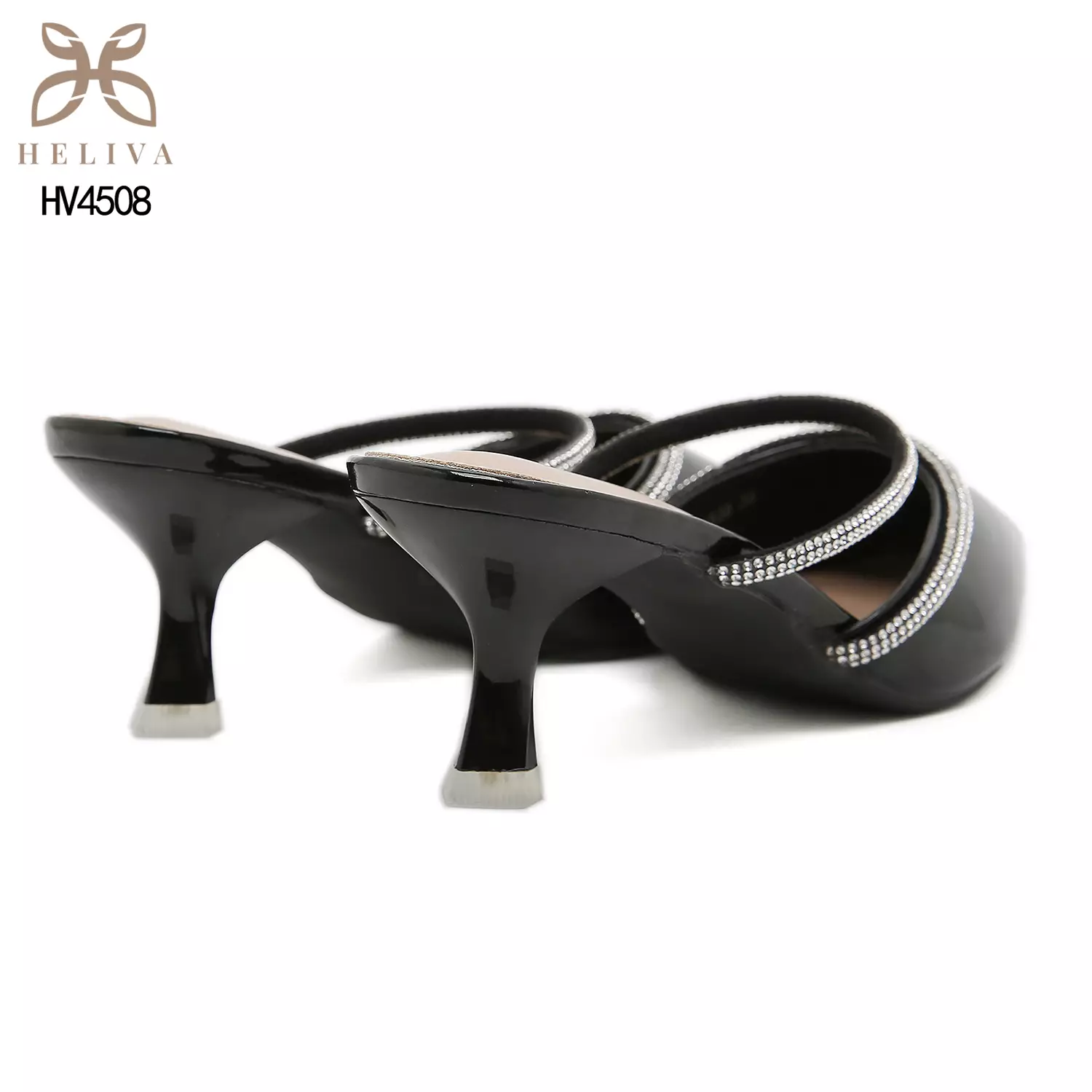 HELIVA VALORIA Twin Rhinestone Strap Mules with Lustrous Finish & 6cm Lift HV4508