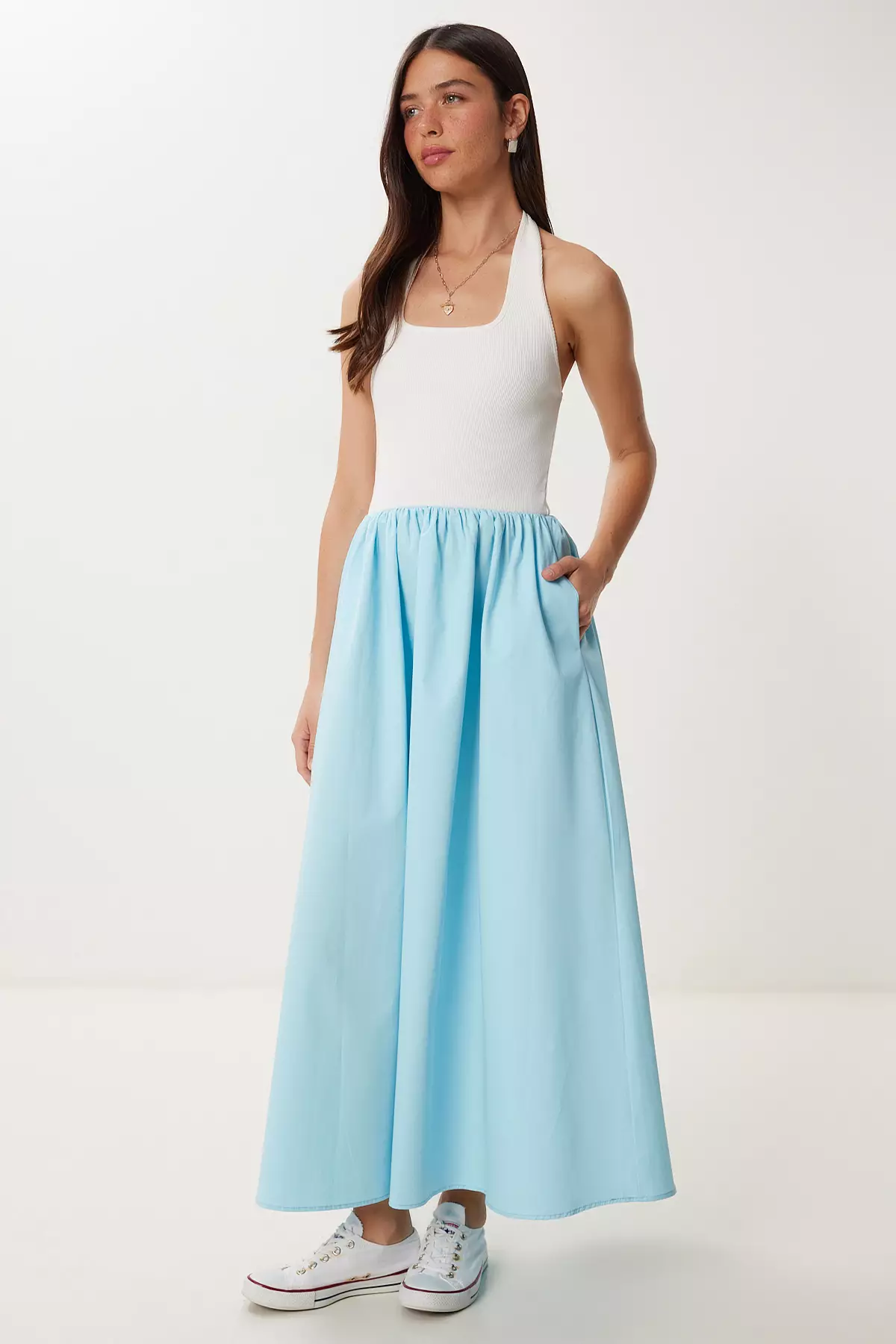 Women's Ecru Blue Stretchy Knitted Top Poplin Skirt Dress Fn03462