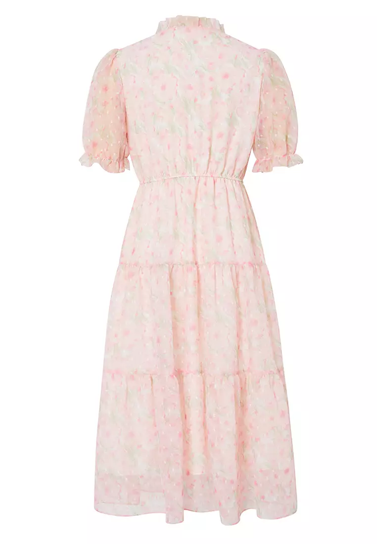 Ruffled Sleeve and Collar Tiered Floral Midi Dress