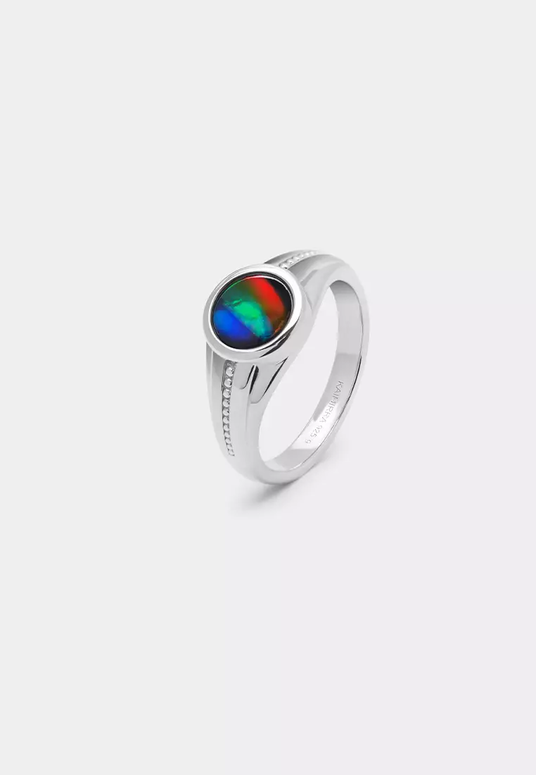 Aura Round Bezel Ammolite Signet Ring