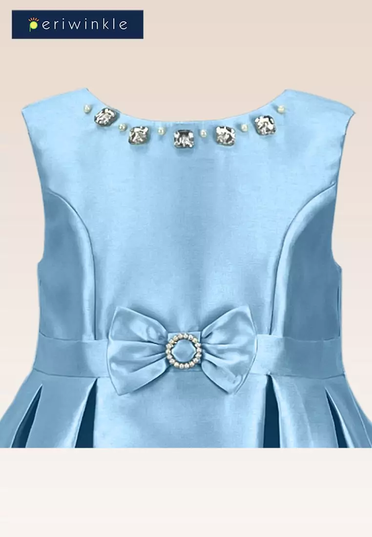 Thess Girls Lt. Blue Bejewelled Neck And Buckle Detail Party Dress