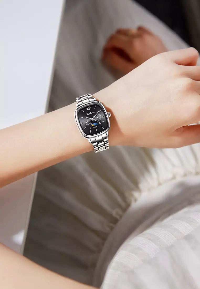 Jam Tangan Wanita Original Kalender Kasual Korean Style Tali Paduan Jam Tangan Cewek B006 silverblack