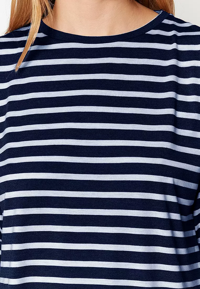 Navy Blue Striped Slit Detail Oversize/Wide Pattern Crew Neck Knitted T-Shirt