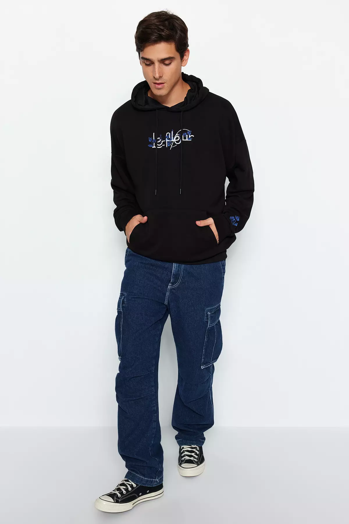 Trendyol Men's Black Oversized/Wide-Fit Hoodie Sweatshirt With Text  Embroidery. 2024, Buy Trendyol Online