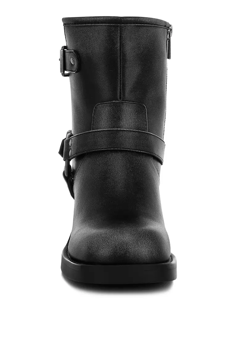 Harness Detail Biker Boots in Black