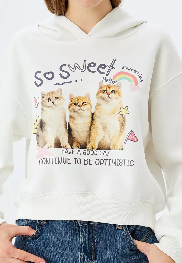 Jual KOTON Hooded Cat Printed Raised Comfortable Crop Sweatshirt