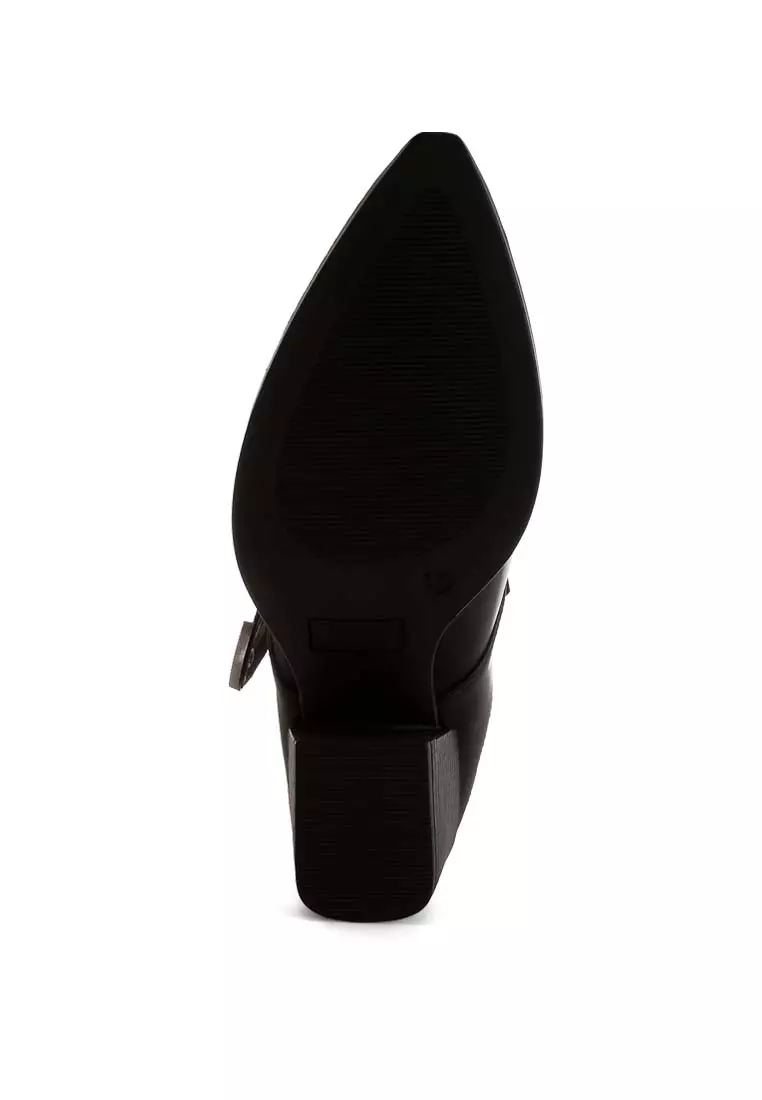 Carved Buckle Statement Mules in Black