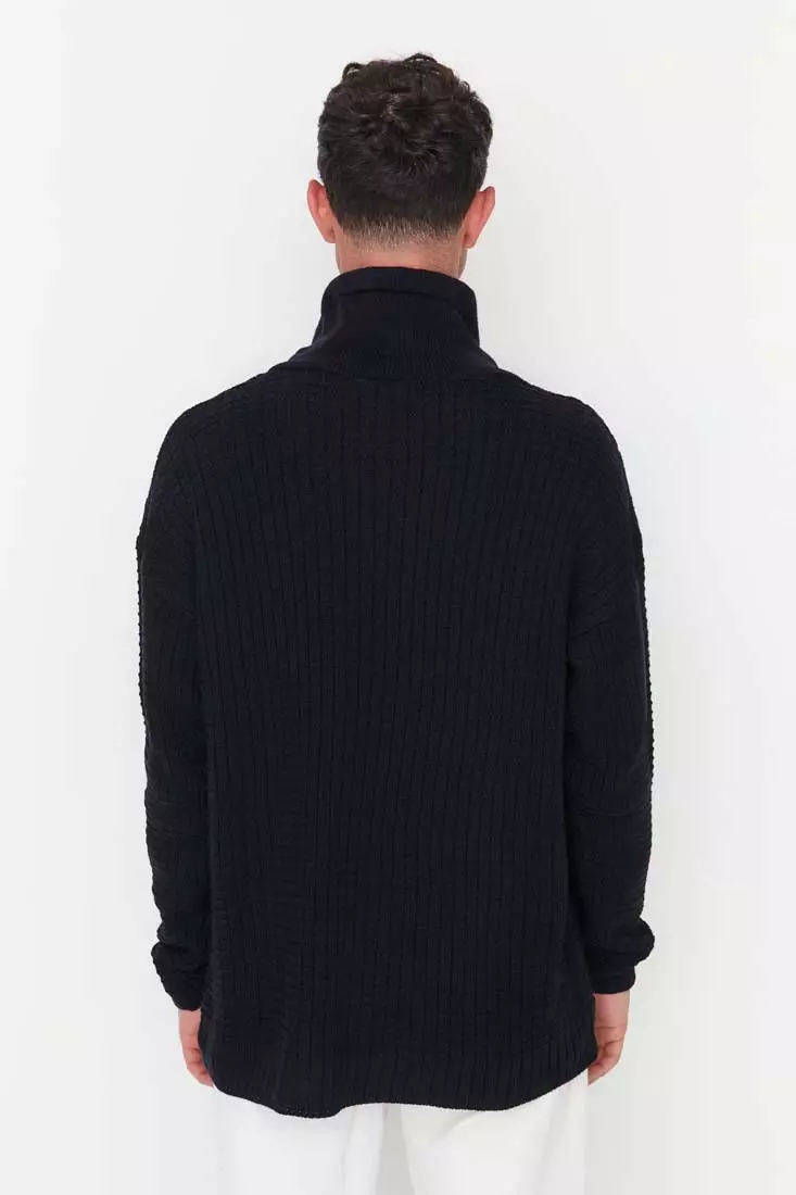 Navy Blue Men's Oversize Fit Wide Fit Shawl Collar Textured Knitwear Sweater
