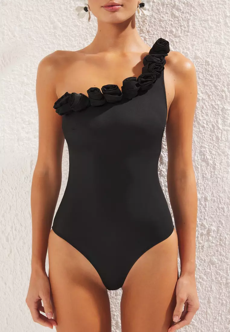 Black Floral Applique One Shoulder Regular Swimsuit