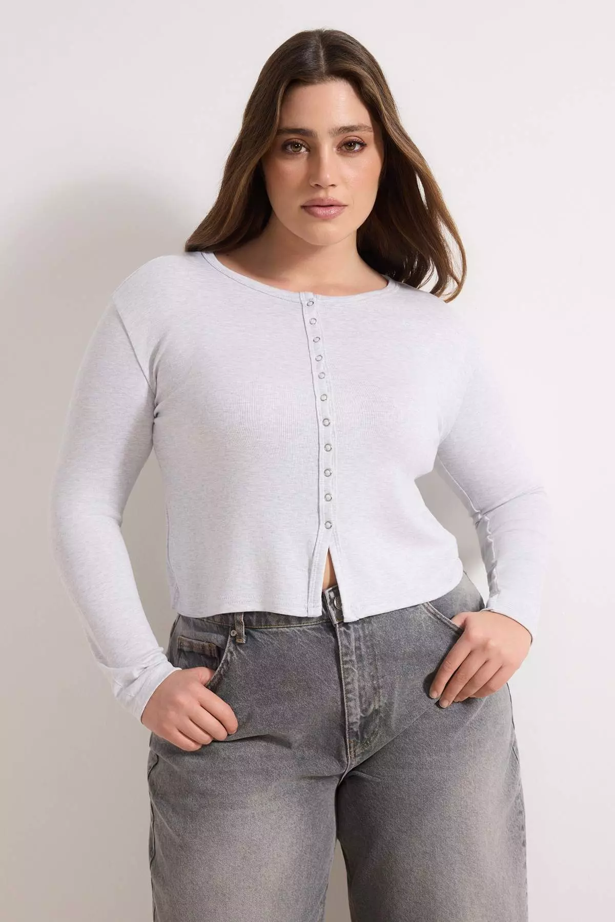Gray Melange Snap Crop Top Basic Knitted Plus Size Blouse Tbbaw26Af00119