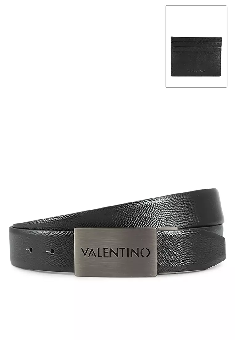Valentino by Mario Valentino Men's Logo Embossed Monogram Leather Belt