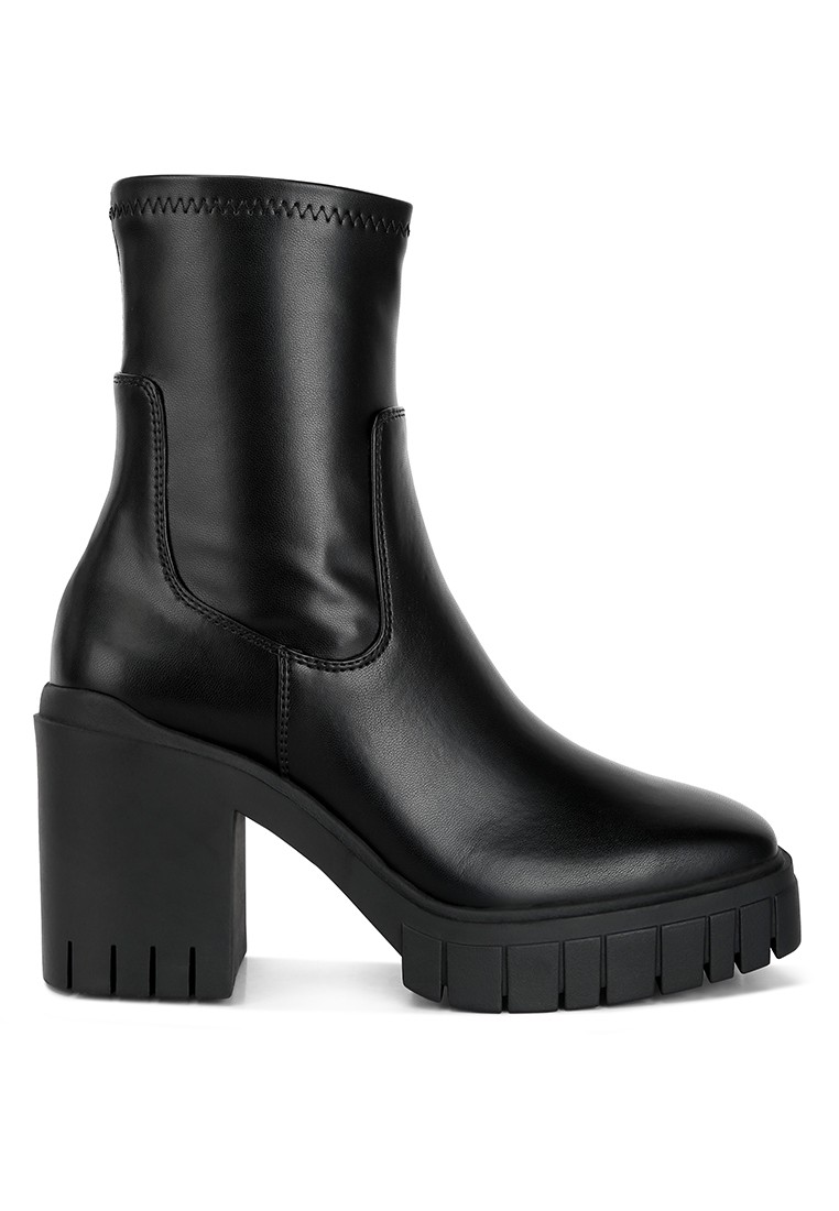 Black Faux Leather Platform Heeled Ankle Boot