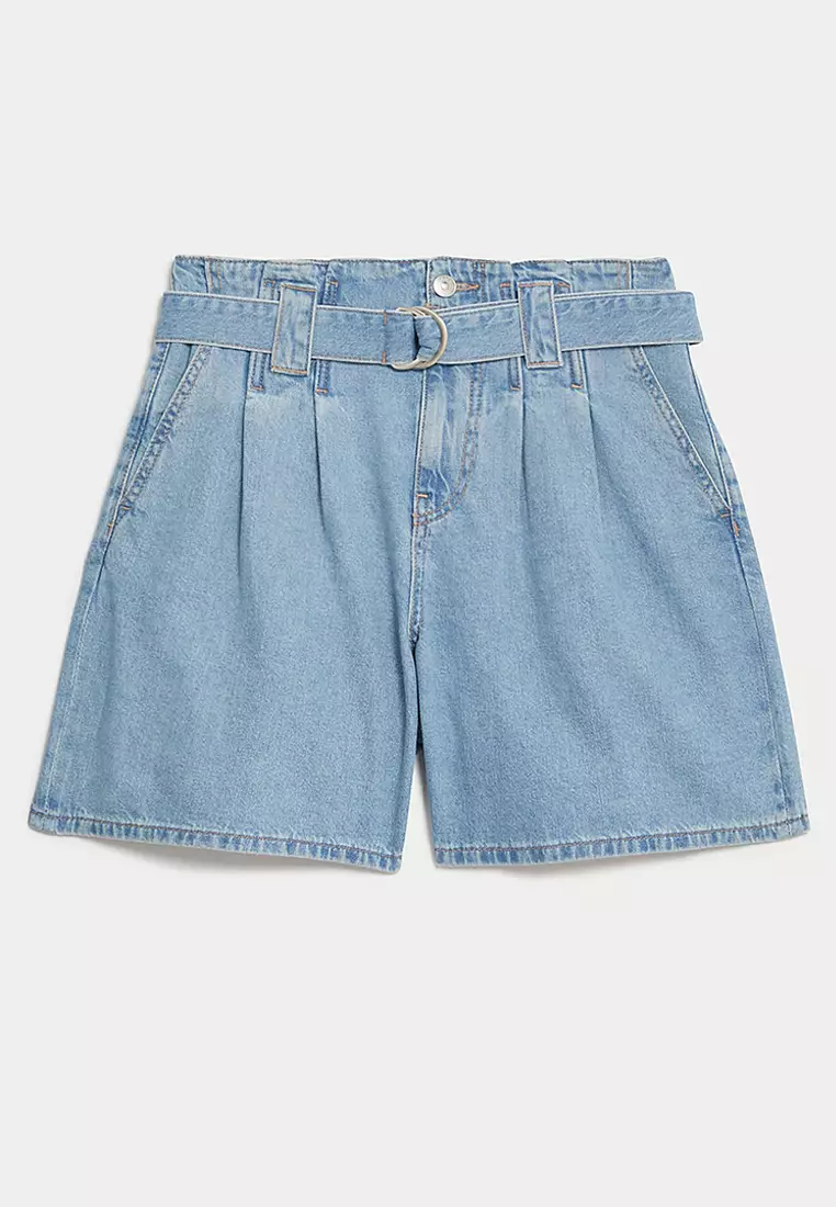 Denim Pleat Front Belted Shorts