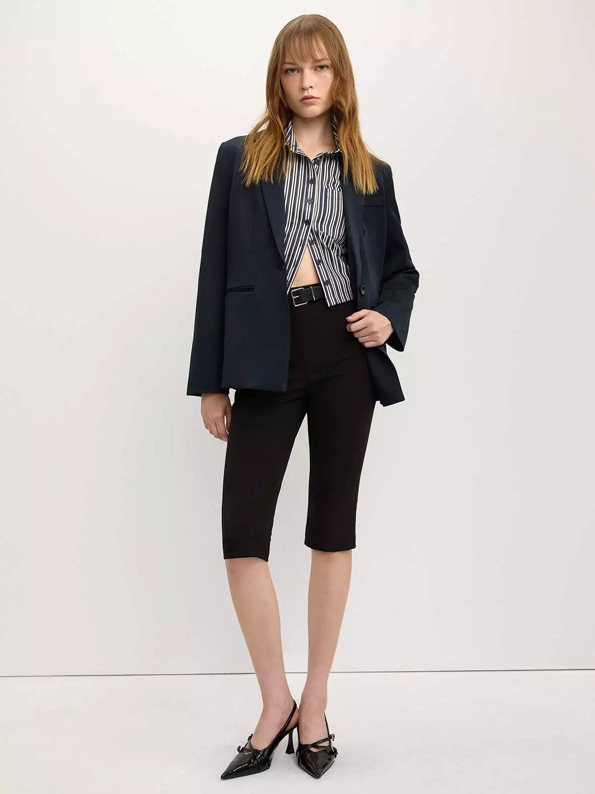 Long-Sleeve Striped Crop Top - Navy