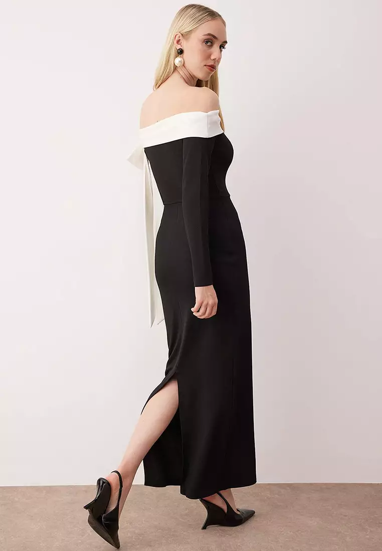 Bow Detailed Knitted Crepe Maxi Unlined Chic/Evening Dress