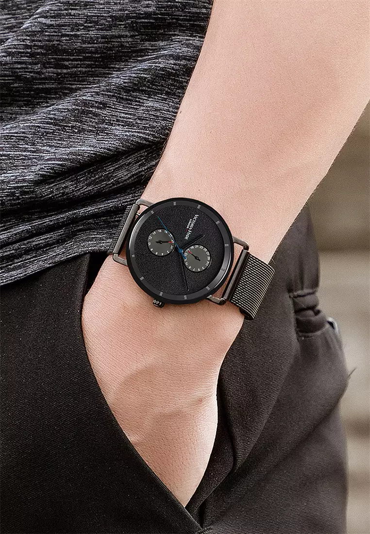 Men's Watch 40mm Grange Hill Date Black Stainless steel mesh band  And Case- Black