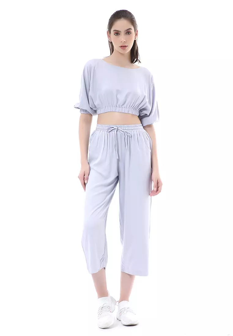 Nayra One Set Setelan Wanita Atasan Crop Lengan 3/4 Celana Kulot Material Rayon ORIGINAL - Bluegray